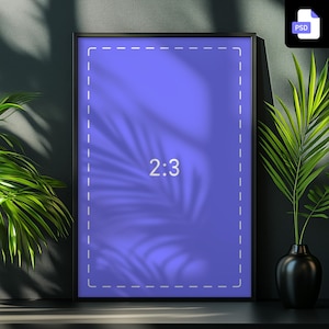 May include: A black picture frame with a white border and the text "2:3" inside. The frame is on a dark surface with a plant in the background.