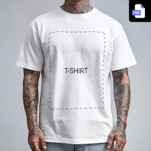 Puede incluir: Camiseta blanca con un borde negro de línea discontinua alrededor de un rectángulo con el texto "T-SHIRT" en su interior.