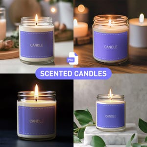 May include: Four glass jars with white candles and purple labels that say "CANDLE". The candles are lit and the jars are on different surfaces.