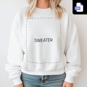 Puede incluir: Sudadera blanca con un rectángulo negro de línea discontinua y la palabra "SWEATER" impresa en negro.