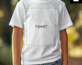 May include: A white t-shirt with a dashed line border around the front, with the text "T-SHIRT" printed in black.