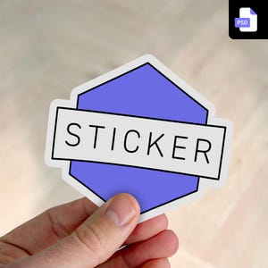 May include: A white sticker with a blue hexagon shape and the word "STICKER" in black text.