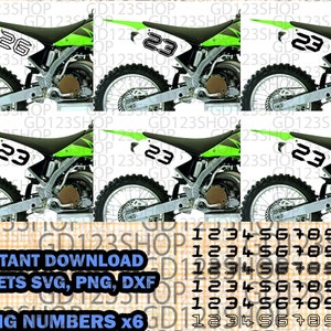 May include: Six black and white racing numbers on a green and white dirt bike. The numbers are 23 and 26. The numbers are available as instant downloads in SVG, PNG, and DXF formats.