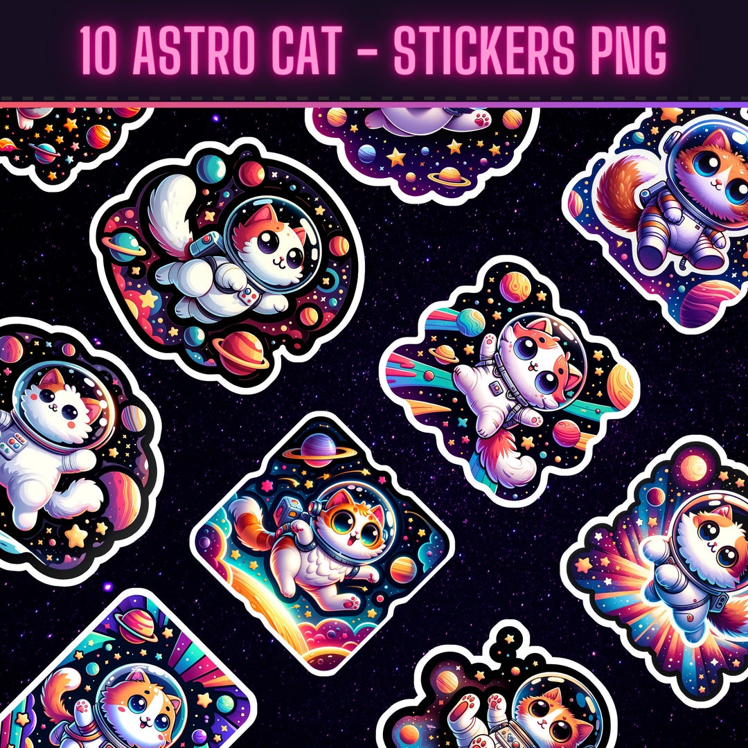 10 Astro Cat Stickers - Space Cat Die-cut | Print and Cut Digital ...