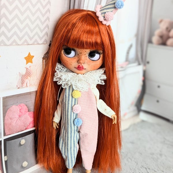Handmade Clown Outfit for Blythe Doll: Jumpsuit, Blouse, Collar & Cap
