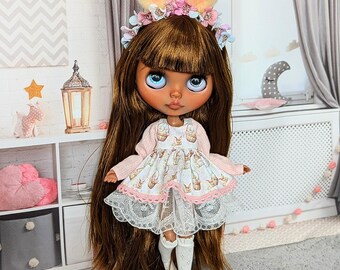 Handmade Blythe Doll Easter Dress Set: Bunny Print Outfit, 12 inch Doll Clothes