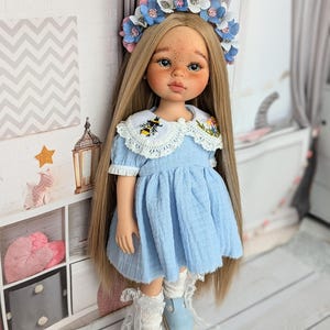 OOAK Paola Reina Repaint Doll: Blue Muslin Dress, Glass Eyes