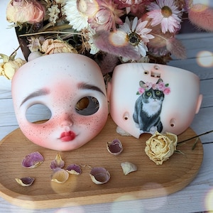 OOAK Custom Blythe Doll Faceplate: Tan Skin, Cat Art TBL
