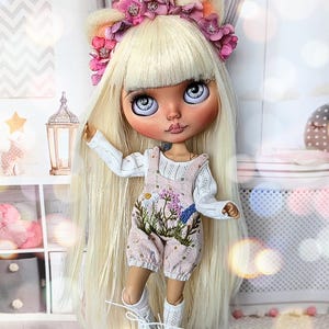 OOAK Custom Blythe Doll: Sculpted Face, Blonde Hair, Flower Cat Ears