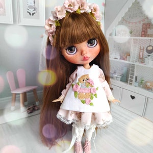 Blythe custom doll TBL, ooak blythe doll, blythe brown hair, embroidery blythe dress, art doll personalized doll, pink doll dress, blythe