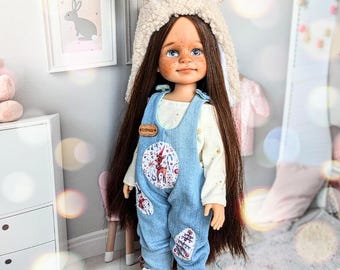 OOAK Paola Reina Christmas Doll: Repainted Art Doll with Bunny Hat
