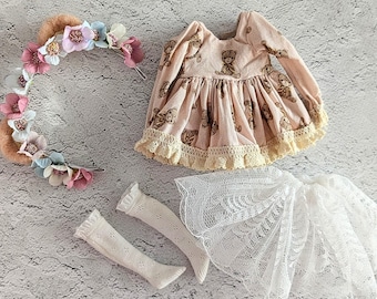 Handmade Blythe Doll Outfit Bear Hat Set Cute Blythe Clothes Kawaii Doll Fashion OOAK Blythe Dress Collector Gift for Her