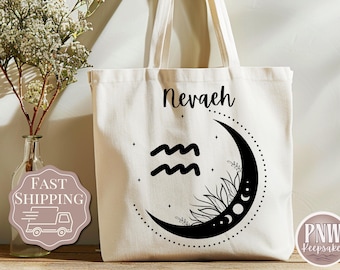 Personalized Aquarius Zodiac Tote Bag  Horoscope Cotton Canvas Bag Reusable Shopping Tote Custom Name Birthday Gift for Astrology Lover Gift