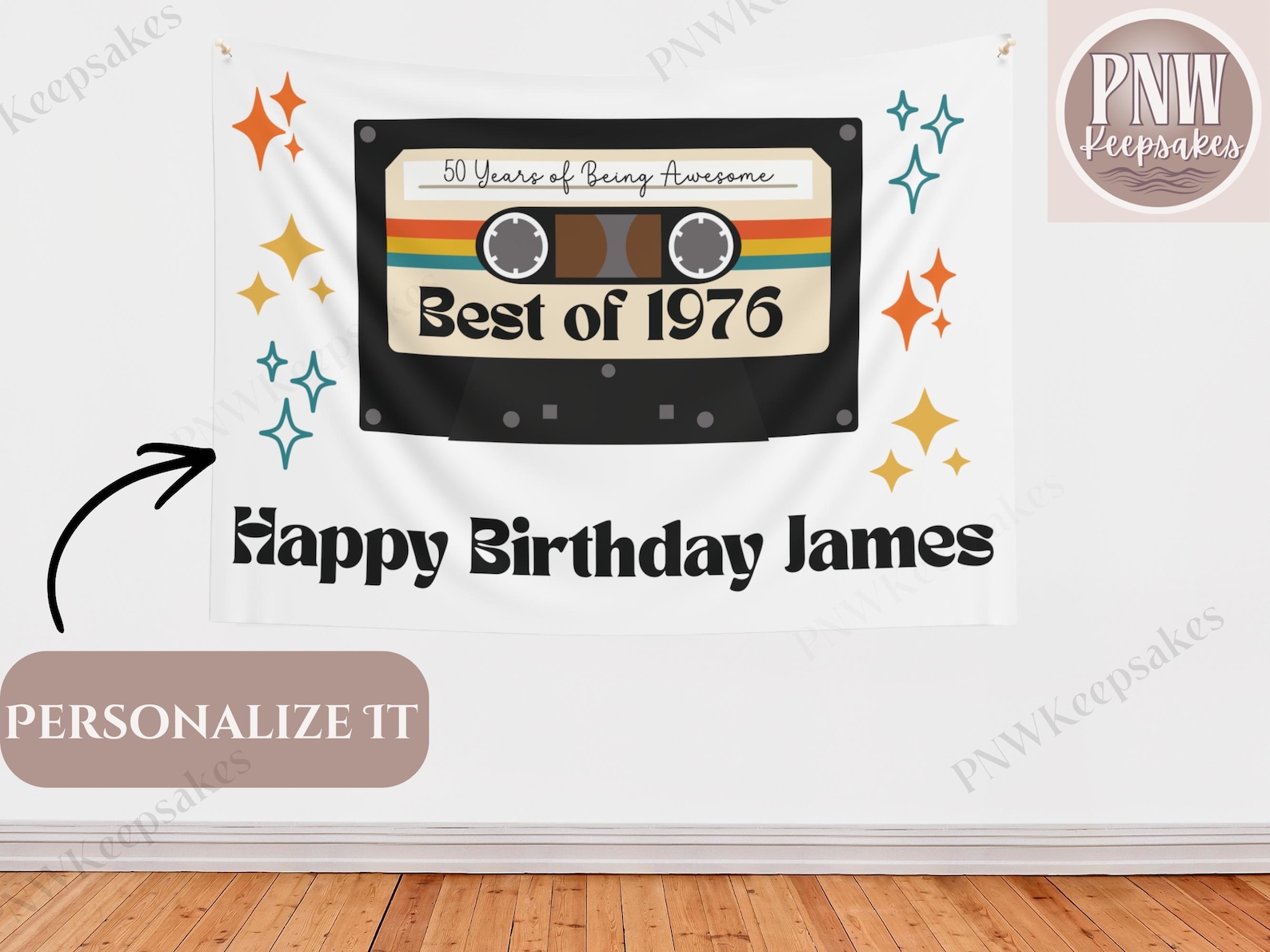 50th Birthday Banner Retro Cassette Personalized Birthday Backdrop Sign ...