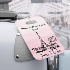 Étiquette à bagage personnalisée, accessoire de voyage personnalisé, Paris, étiquette de sac de lune de miel, identifiant de nom de valise, cadeau d&#39;anniversaire, voyage de vacances d&#39;été