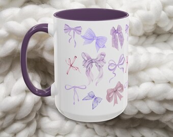 Purple Coquette Bow Ceramic Mug Amethyst Cute Coffee Cup Girly Tea Mug Pretty Bow Tie Mug Feminine Matcha Mug Gift for Her Coffee Lover Gift