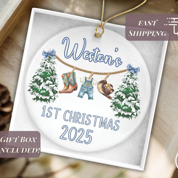 Personalized Baby First Christmas Ornament 2025 Custom Name Baby 1st Christmas Keepsake Newborn Holiday Gift with Gift Box Western Boy Theme