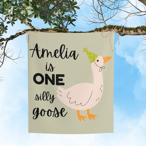 One Silly Goose 1st Birthday Personalized Birthday Banner Silly Goose Party Decor Photo Backdrop Goose Custom Banner First Birthday Ideas