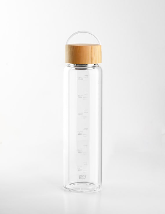 ROJ 1L Time Marked Glass (borosilicate) Water Bottle - Wide Mouth With  Times to Drink, Bamboo Lid, Stainless Steel Infuser, Easy Carry - Etsy