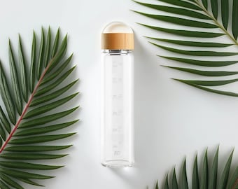 ROJ 1L Time Marked Glass (Borosilicate) Water Bottle - Wide Mouth with Times to Drink, Bamboo Lid, Stainless Steel Infuser, Easy Carry