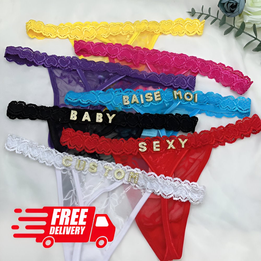 Bragas de encaje con letras personalizadas para mujer, tanga de encaje sexy  con letras doradas personalizadas, nombre de letras brillantes de