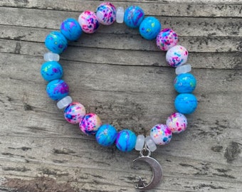 Beaded glass bracelet with Moon Charm