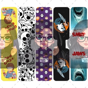 May include: Set of 8 horror movie themed bookmarks. Each bookmark features a different character or scene from a popular horror movie. The bookmarks are printed on high-quality cardstock and are perfect for any horror movie fan.