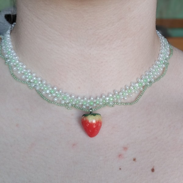 Beaded necklace,"Miss Strawberry ", Handmade, Silver , aesthetic fairy, multirangs, white and green, cottagecore