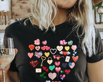 Camiseta de corazón grande, adorable camiseta de amor, camiseta de San Valentín, regalo de San Valentín, camiseta de corazón, linda camiseta, regalo de corazón de acuarela para novia