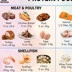 High Protein Foods High Protein Food Chart Protein Food List Low Carb Food Guide Muscle Building Keto Grocery List Nutrition Guide Keto Food: High Proteins foods are on this high protein food chart.  This is a clear image of part of the protein nutrition guide. Great for primal diet and eating enough protein for weight loss and healing