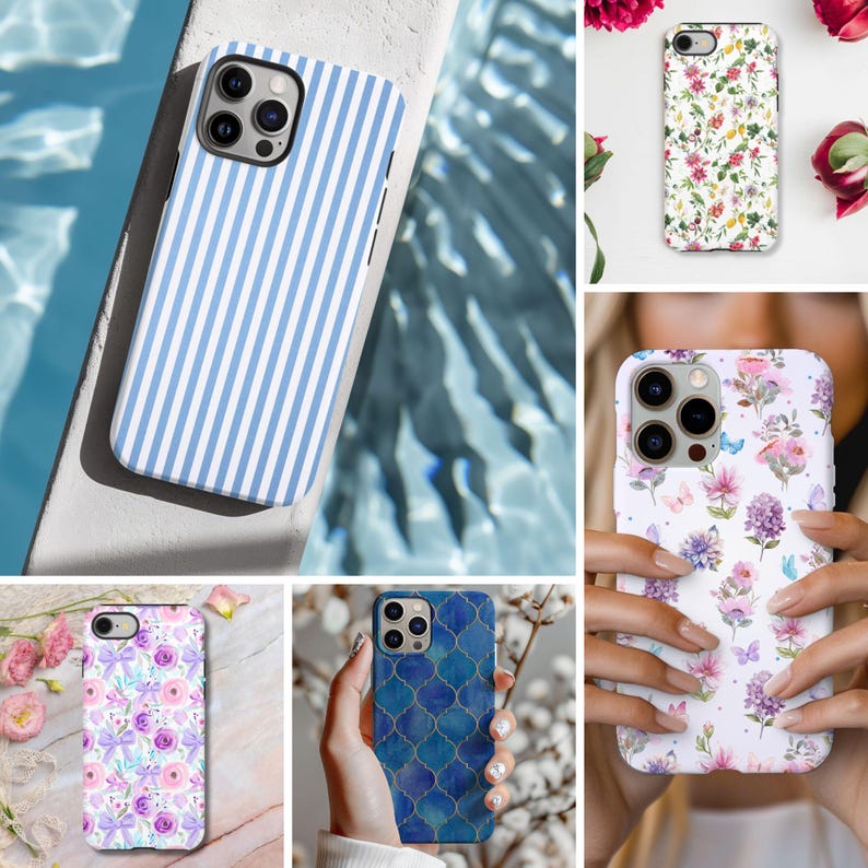 K&ouml;nnte beinhalten: Sammlung von Handyh&uuml;llen mit verschiedenen Designs. Eine H&uuml;lle hat blaue und wei&szlig;e vertikale Streifen. Andere H&uuml;llen zeigen florale Muster in Rosa, Lila und Wei&szlig; sowie ein blaues und goldenes geometrisches Design. Die H&uuml;llen sind f&uuml;r verschiedene Telefonmodelle konzipiert.