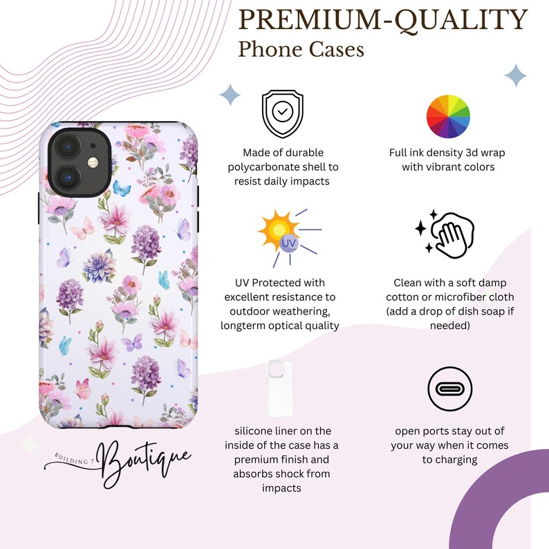 K&ouml;nnte beinhalten: Eine wei&szlig;e Handyh&uuml;lle mit einem floralen Muster aus rosa, lila und blauen Blumen und Schmetterlingen. Das Bild zeigt "Premium-Quality Phone Cases" und hebt Funktionen wie UV-Schutz und ein Silikonfutter hervor.