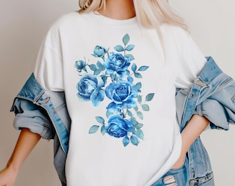 Maglietta con fiori vintage Maglietta floreale blu Maglietta botanica Regalo Comfort Colors Fiori di campo Maglietta grafica estiva Maglietta acquerello Donna