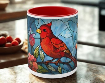 Red Cardinal Mug Bird Coffee Cup Bird Lover Gift Stained Glass Teacup Remembrance Gift Floral Mug Gift for Her God is with You Present