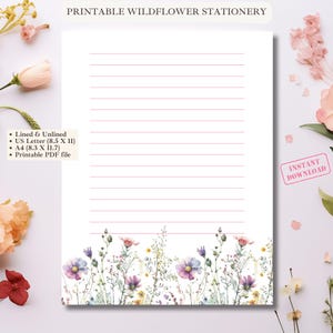 Papel de carta com flores silvestres, papel de carta floral, papel de carta decorativo, diário botânico, página de flores silvestres, diário digital, download instantâneo