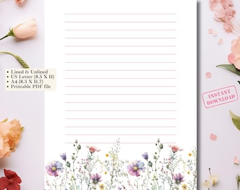 Wildblumen Notizpapier Floral Briefpapier US Letter Dekoratives Schreibpapier Botanisches Journal Wildblumen Seite Digitales Tagebuch Instant Download