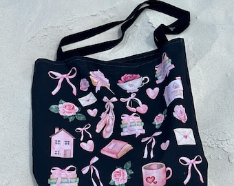 Coquette Aesthetic Tote Bag Light Academia Bookish Gifts Pink Bow Soft Cozy Girl School Book Bag Balletcore Gift for Teen Ballet Accessory