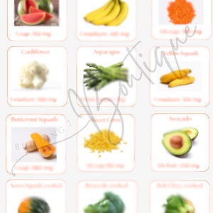 以下が含まれることがあります： 12枚のカードのセットで、それぞれ異なる果物や野菜の画像が描かれています。各カードには、食品の名前と1カップあたりのカリウム量が記載されています。カードは白い背景に置かれています。