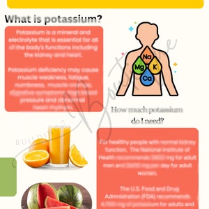 以下が含まれることがあります： 上部に「POTASSIUM FOODS」というテキストが書かれた黄色と白のグラフィック。グラフィックは、体機能におけるカリウムの重要性を説明し、スイカやオレンジジュースなど、カリウムを多く含む食品をリストアップしています。