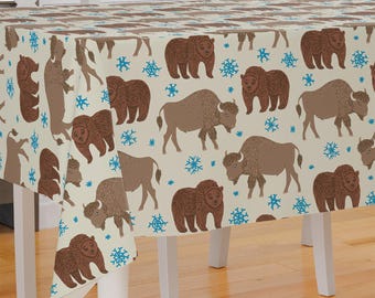 Brown Bear And Bison Theme Design Premium Fabric Tablecloth Dining Tablecloth Patio Tablecloth Runner Housewarming Gift Home Decoration