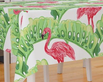 Tropical Plant Pink Flamingos Design Premium Fabric Tablecloth Dining Tablecloth Patio Tablecloth Runner Housewarming Gift Home Decoration
