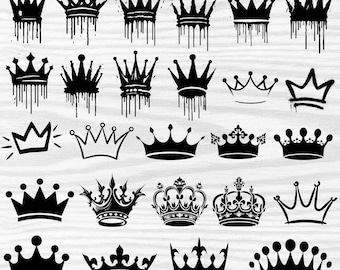 May include: A collection of 25 black crown illustrations in various styles, including dripping paint, simple outlines, and detailed designs. These crowns are perfect for digital projects, crafts, and more.