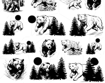 Grizzly Bear SVG Bundle, Bear svg or png, Bear Head Svg Cut Files, Bear and Mountains SVG, Bear in the Woodland, Commercial Use, Laser