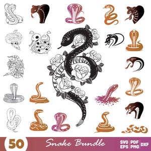 Puede incluir: Un conjunto de 50 ilustraciones de serpientes en blanco y negro, que incluyen una serpiente con rosas, una serpiente con una corona y una serpiente con un corazón. El texto "Snake Bundle" está en la parte inferior de la imagen. El texto "SVG PDF DXF EPS PNG" está en la parte inferior derecha de la imagen.