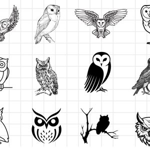 May include: A collection of 10 black and white owl illustrations. The owls are drawn in various styles, including realistic, cartoonish, and stylized. Some owls are perched on branches, while others are flying.