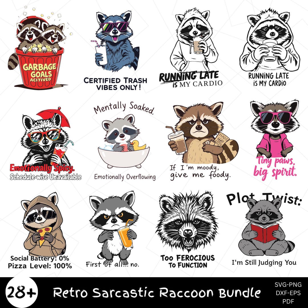Retro Sarcastic Raccoon PNG Bundle, Funny Raccoon SVG Design Png, Funny