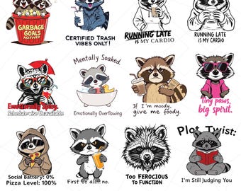 Retro Sarcastic Raccoon PNG Bundle, Funny Raccoon SVG Design png, Funny Animal png, Funny Trash Panda svg, Trendy Raccoon Sublimation png