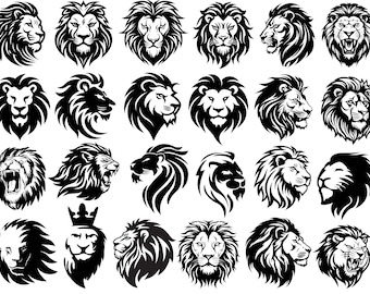 Lion Head SVG Bundle , Cute Lion Face Head Clipart Bundle ,Lion Head Silhouettes, Instant Download , Lion Cut File , Roaring Lion Head Svg