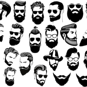 May include: A collection of 25 black and white illustrations of men's faces with different hairstyles and beard styles.