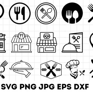 May include: A set of 16 black and white restaurant icons. The icons include a fork and knife, a spoon and fork, a restaurant building, a chef's hat, and a plate with a cloche. The icons are perfect for use in restaurant menus, websites, and social media.